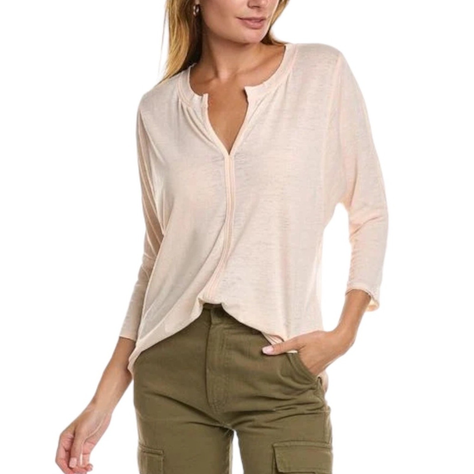 XCVI Peach V Neck Burnout 3/4 Sleeve Top XS $85 Relaxed Fit NWT