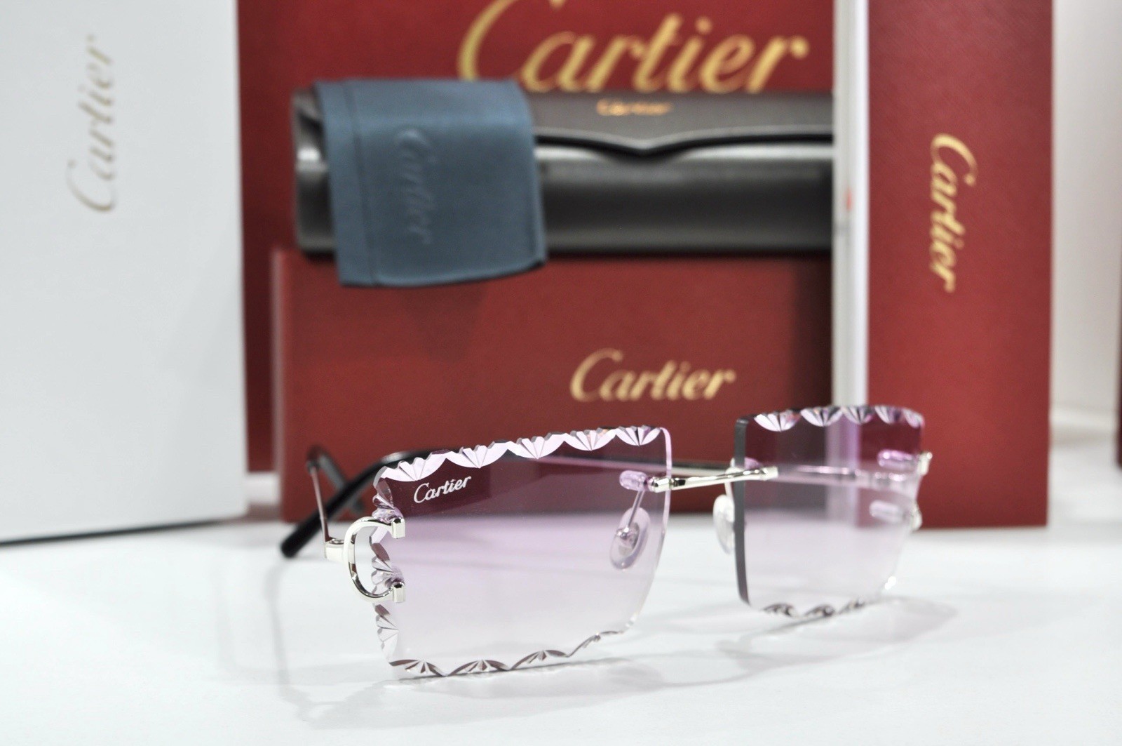 Cartier rimless sunglasses piccadilly glasses Diamond Cut BIG C silver Frame