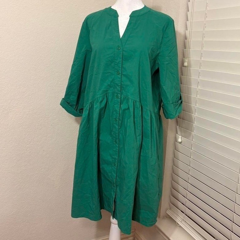 Joseph Ribkoff size 8 cotton blend teal green button down trapeze shirt dress