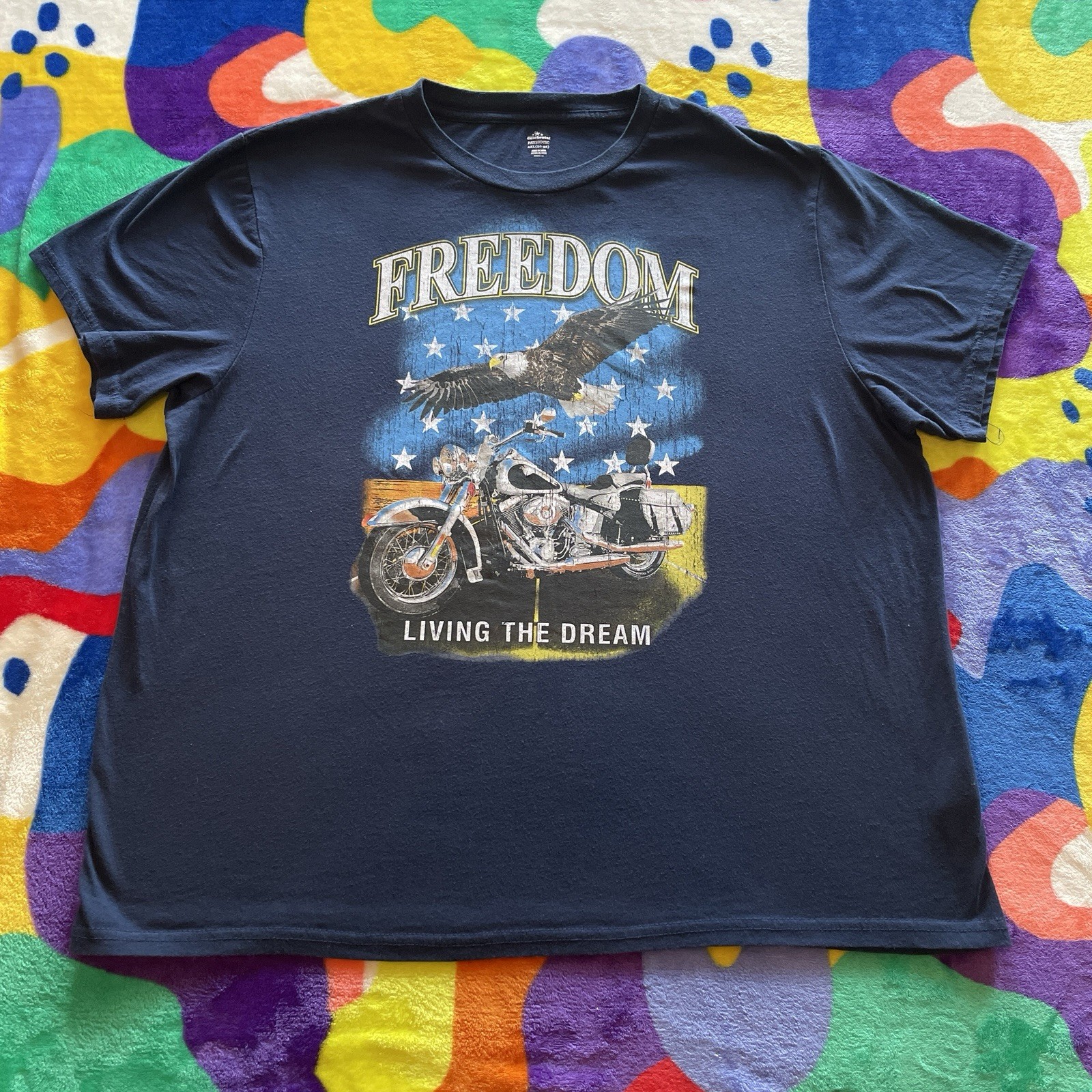 Motorcycle Art T-Shirt Men’s XXL Blue Freedom Living The Dream Biker Bald Eagle