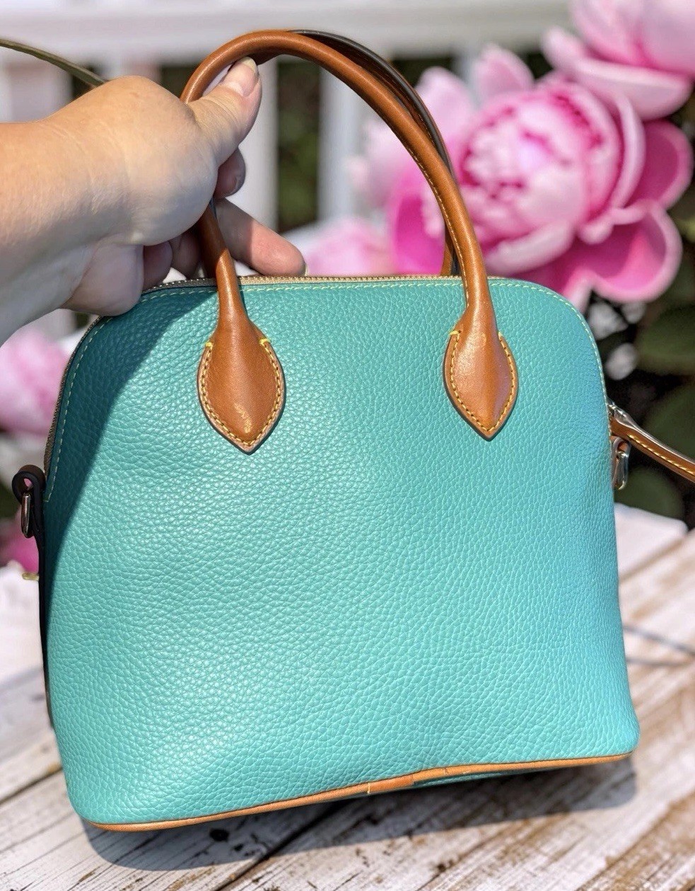 Dooney Bourke Spearmint Turquoise Green Domed Satchel Bag Pebbled Leather Purse
