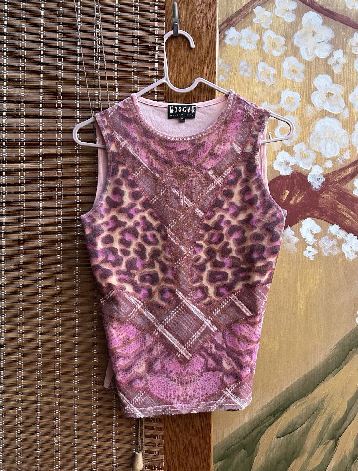 Vintage Y2K Morgan de Toi Pink Sheer Mesh Leopard Print Tank Top Sz 1