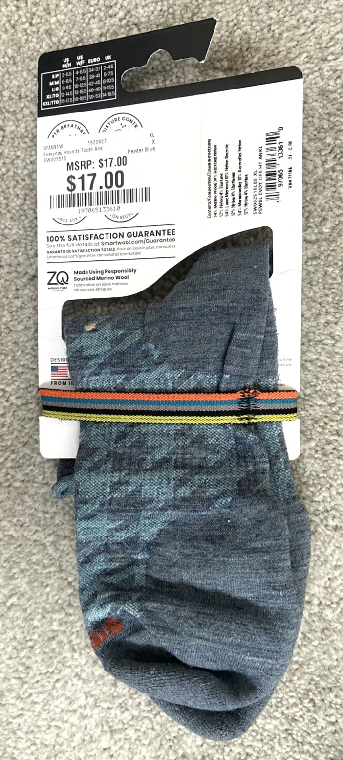 Lot of 2 pairs Smartwool Everyday Zero Cushion Houndstooth Ankle Socks Blue XL
