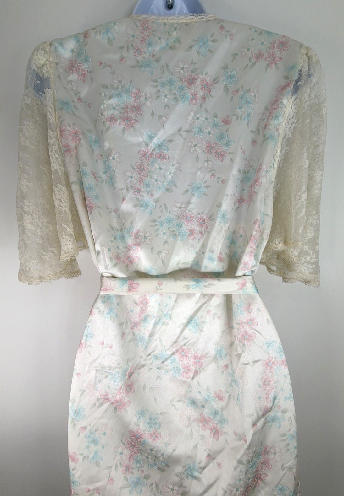 VTG Sara Beth Satin Poly Nightgown Robe Set Pink/Blue Floral Lace Bridal Small