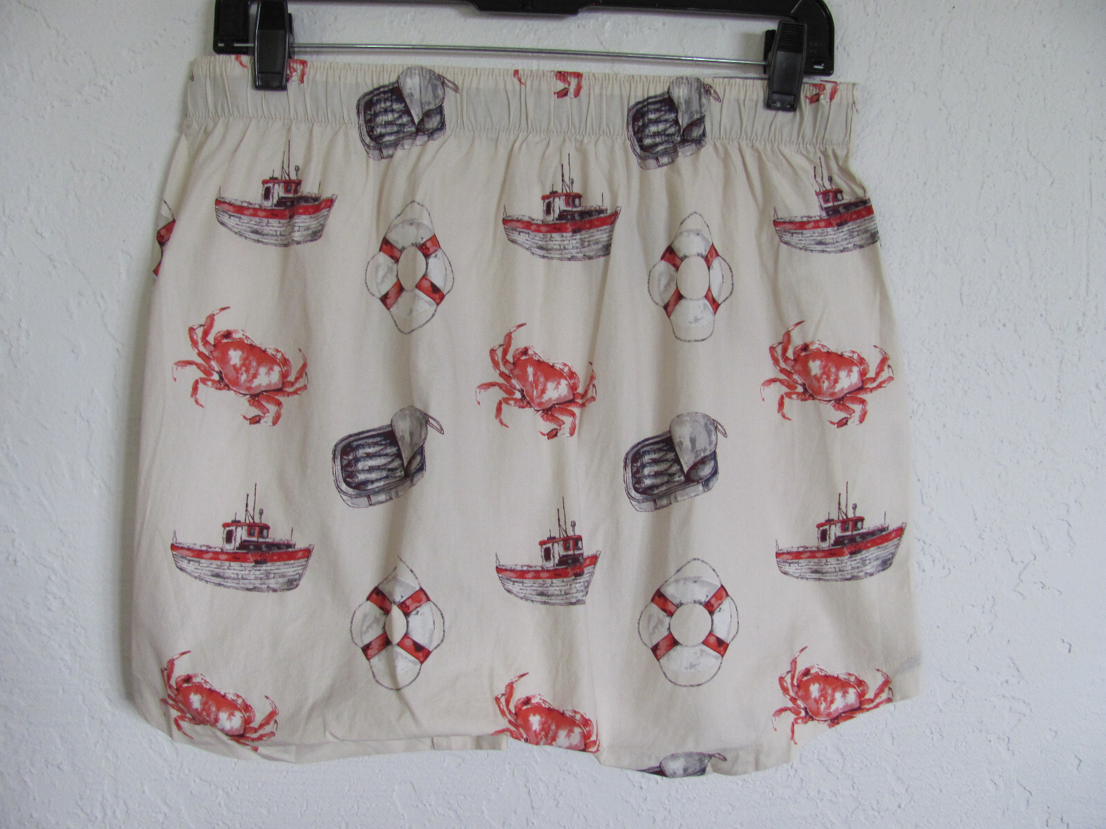 J Crew Boxers Watercolor Ocean-Crabs, Boats-Natural-Woven Cotton-Men’s M (32-34)