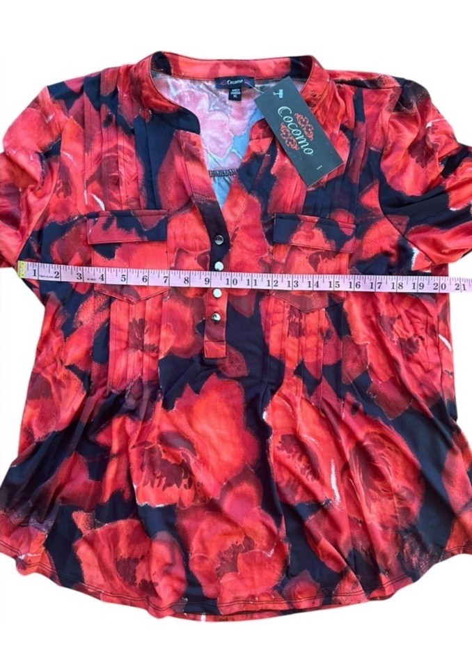 COCOMO XL Orange Red Black 3/4 sleeve women’s Pintuck Blouse Tunic shirt