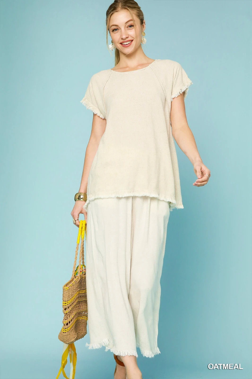 Umgee Off White Frayed Hem Wide-Leg Linen Blend Pants with Pockets