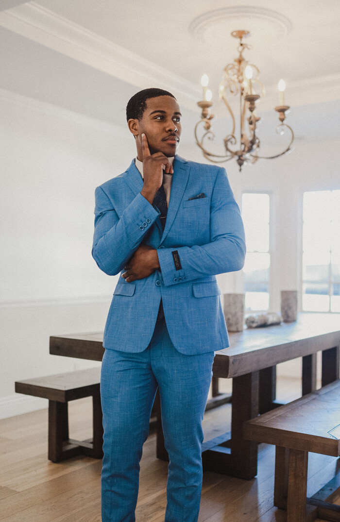 Slim Fit Blue Windowpane 2 Button 3 Piece Vested Notch Lapel Suit By AZARMAN NEW