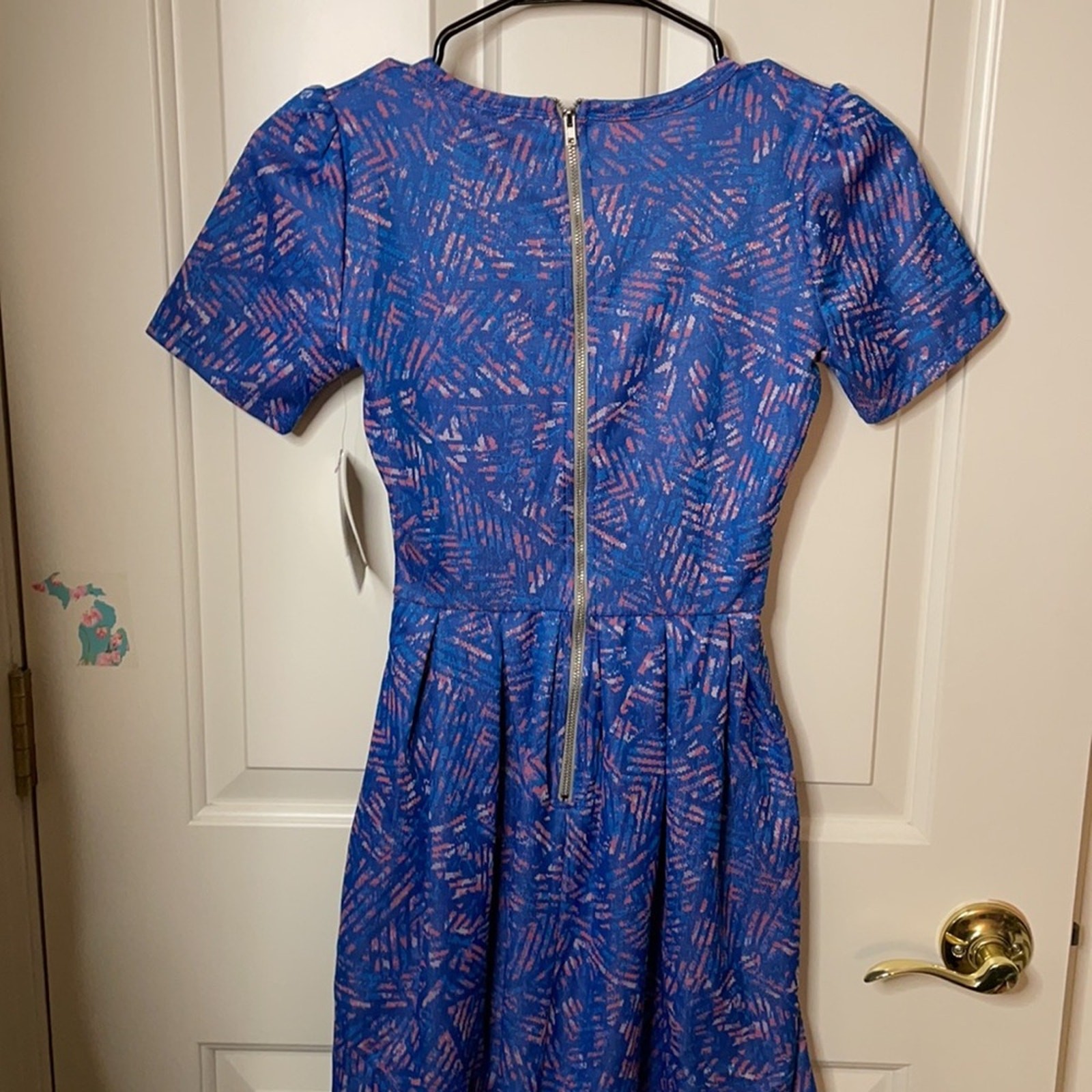LuLaRoe Amelia Dress XXS Blue Chevron Fit & Flare Pleated Pockets NWT