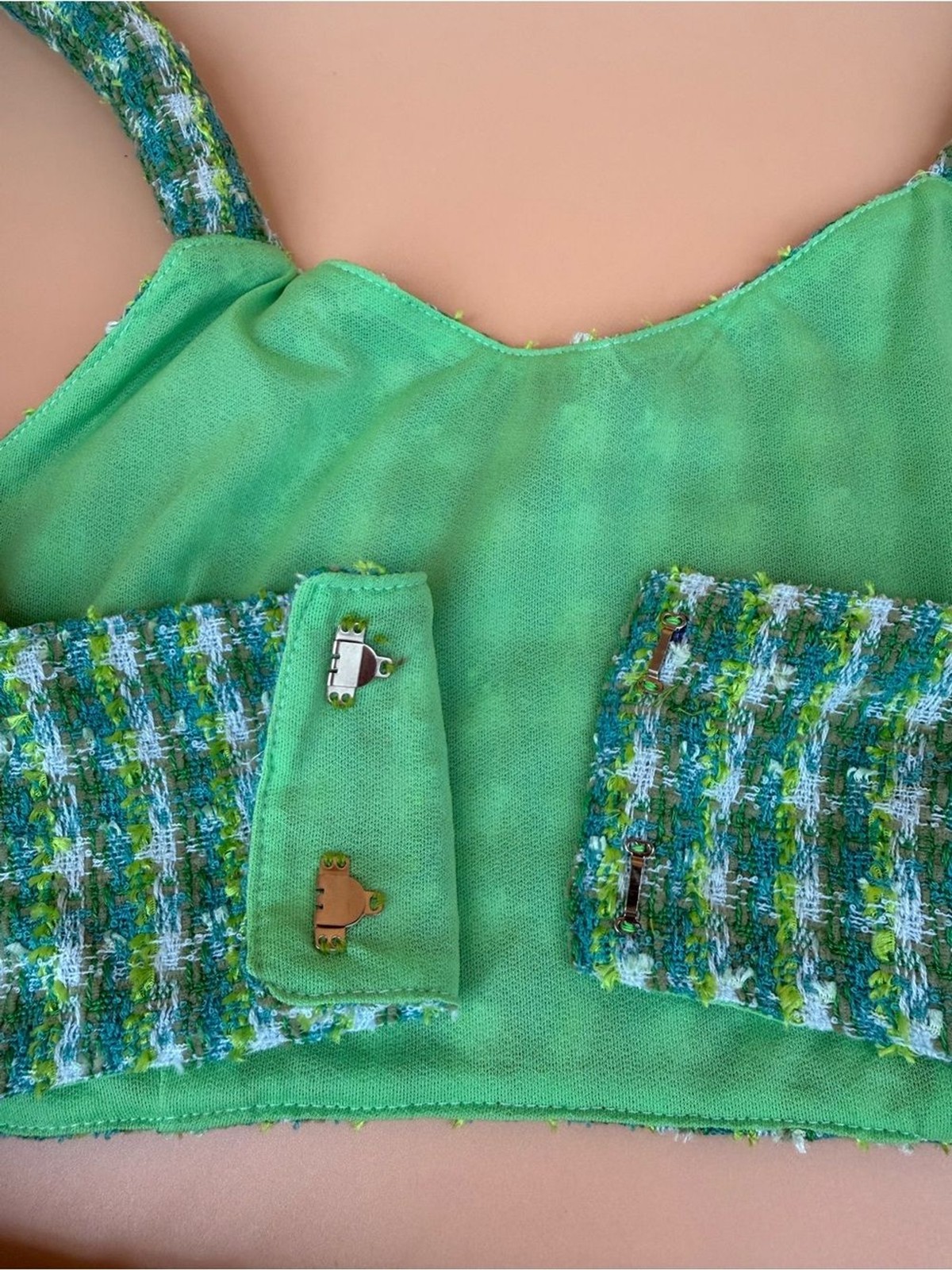Brazilian Boutique Brand Aesthetic Green Tweed Crop Top and Shorts Set