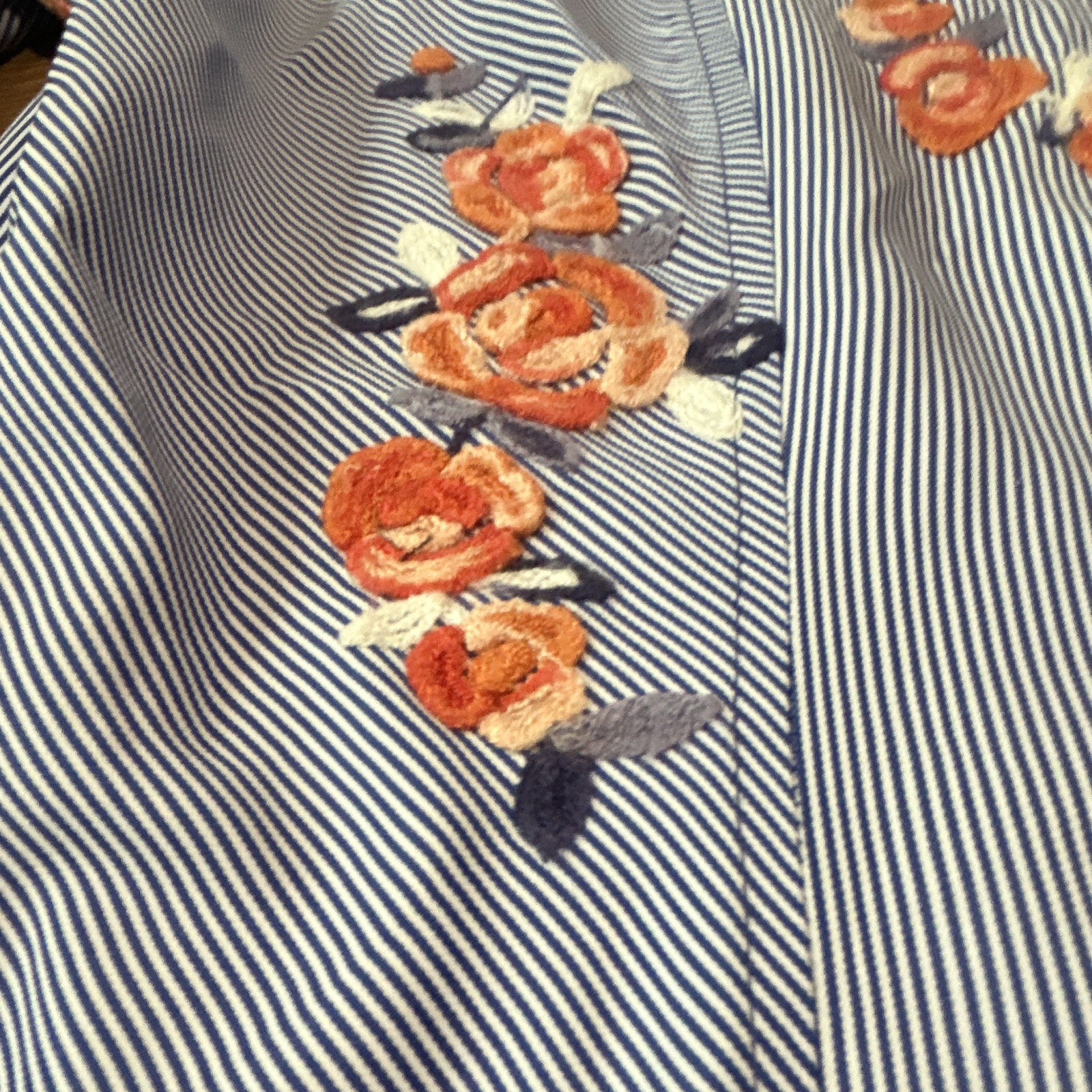 Foxcroft Blue White Striped Floral Embroidered Button-Up Collared Shirt 10