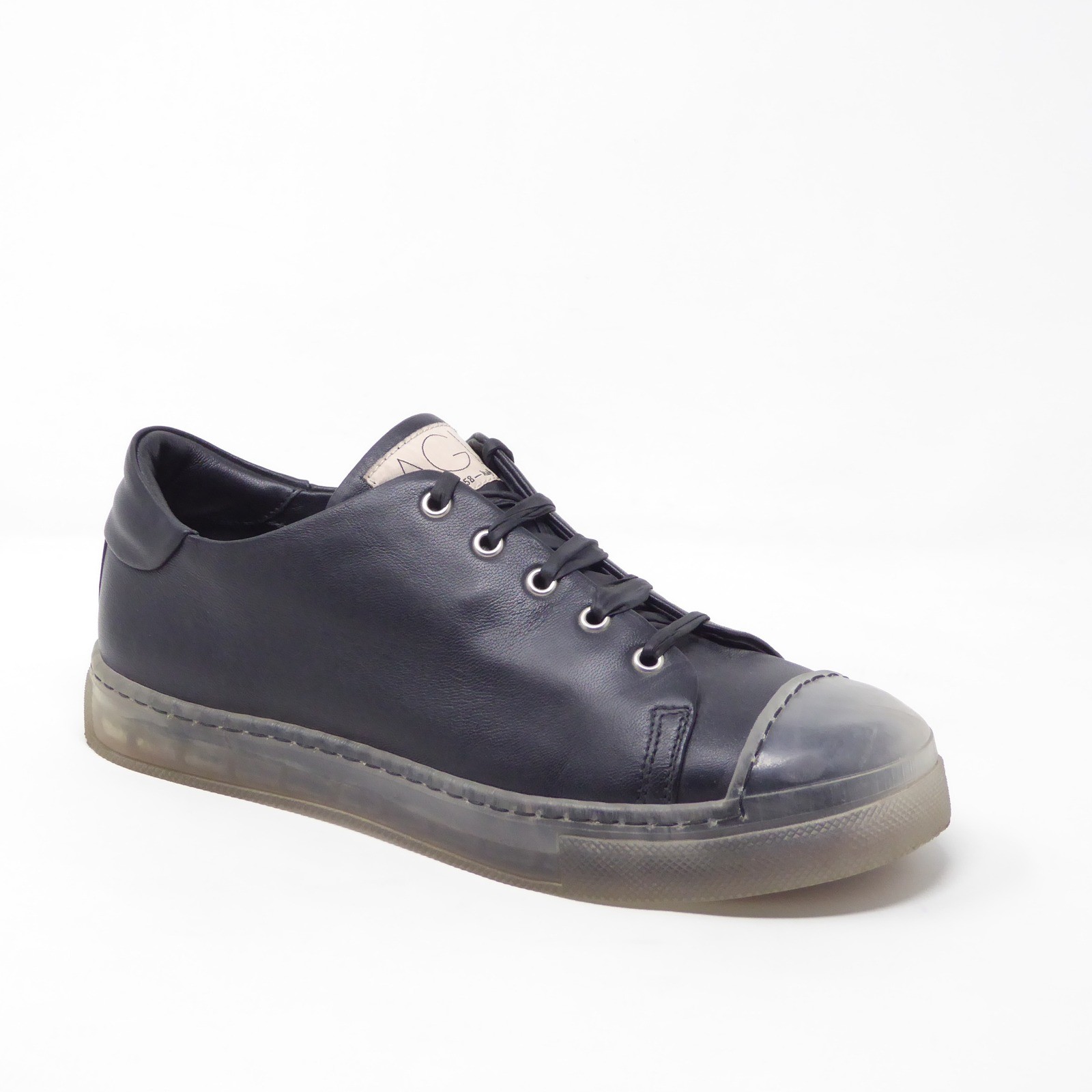 AGL Womens Clear Sole Sneakers Shoes Black Leather Lace Up Cap Toe 38EU / 8US