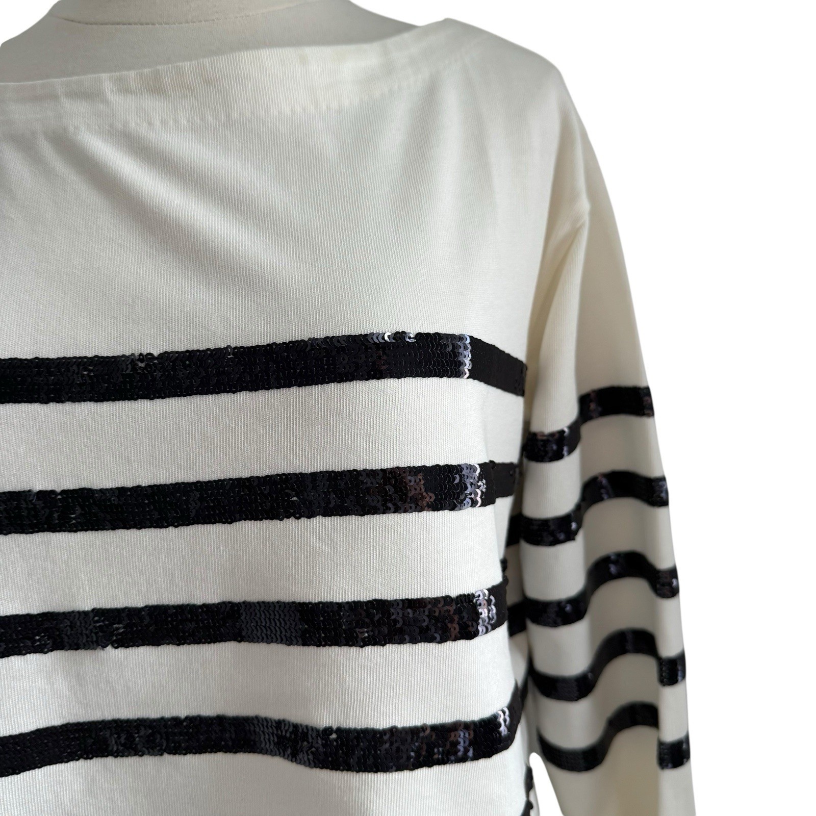 J Crew Mariner Jersey Cropped Boatneck Sequin Top Womens SZ XS Black White NWT