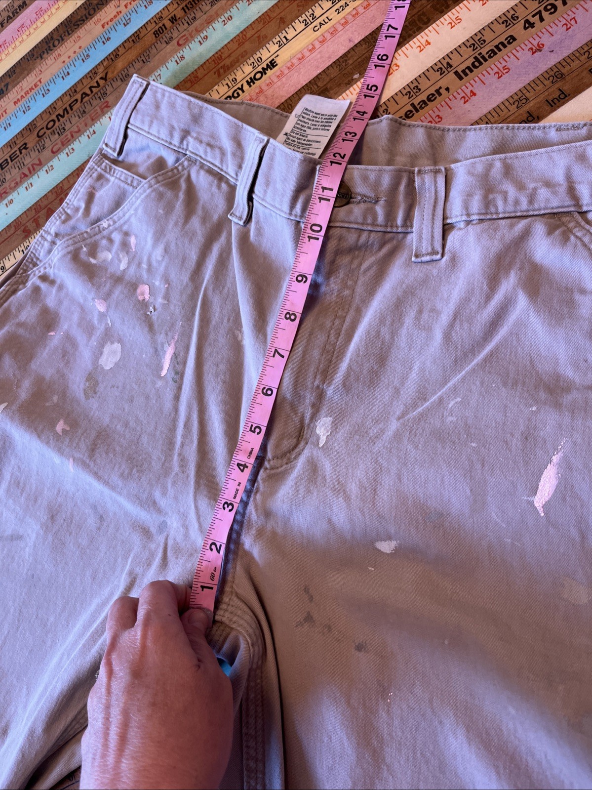 Carhartt Canvas Work Pants Mens 38×30 Khaki Utility Carpenter Cotton Paint Splat