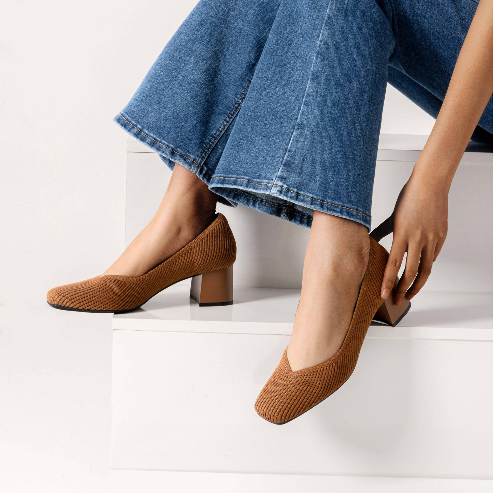 Women Knit Breathable Pumps Square Toe Block Heels All Day Support Dress Pumps