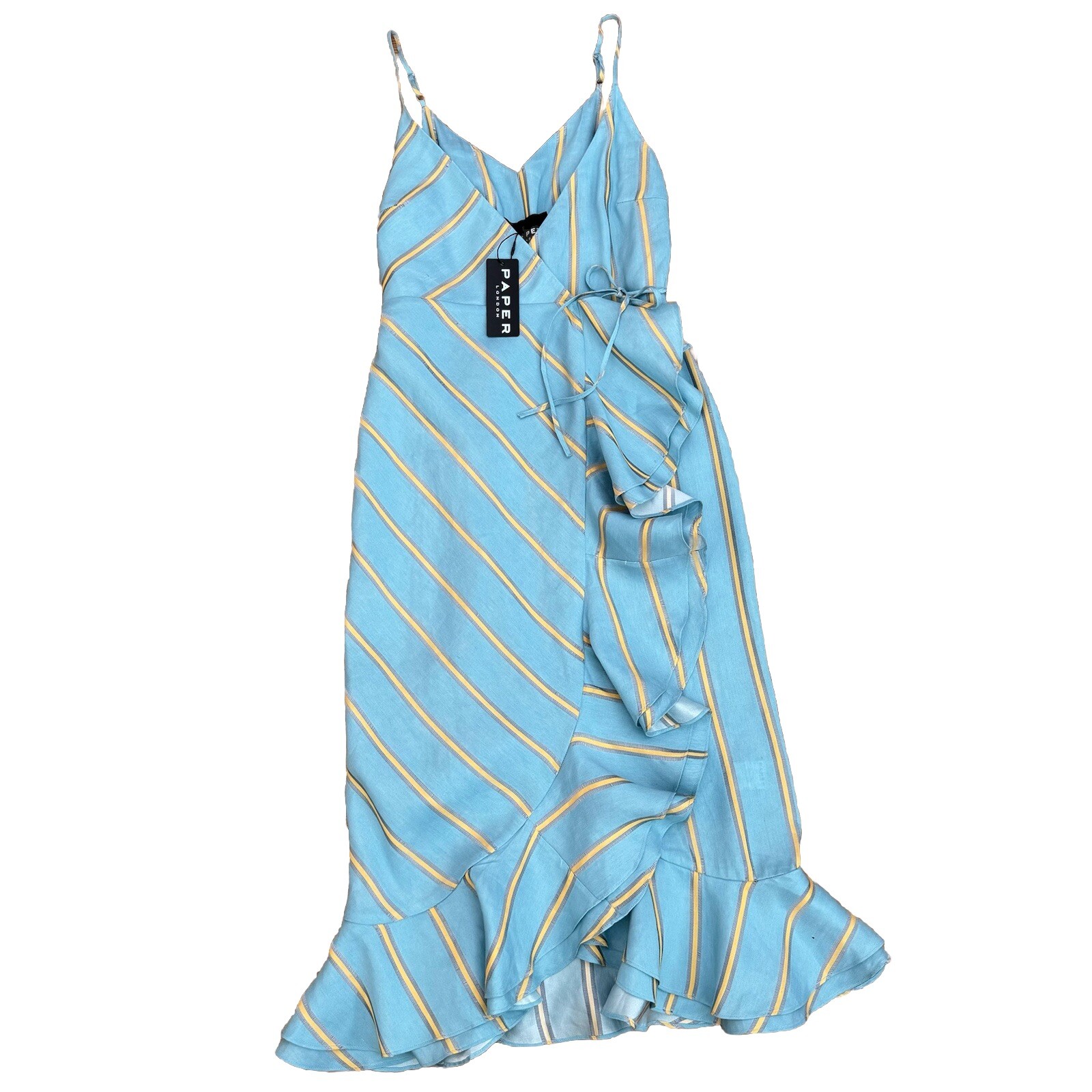 PAPER LONDON NWT Peonie Ruffled Striped Linen Rayon Midi Wrap Dress Blue Size 4