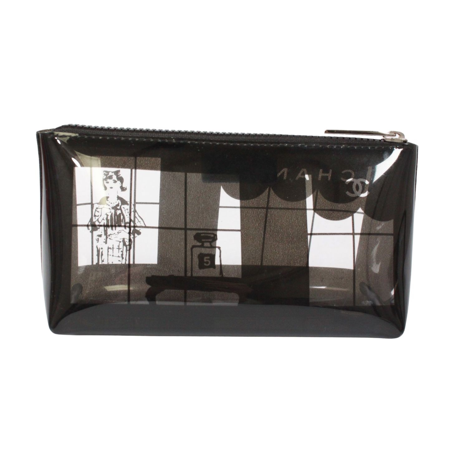 CHANEL Window Line Pouch PVC Clear Black Silver Zipper 7.48 x 3.94 in Japan Auth