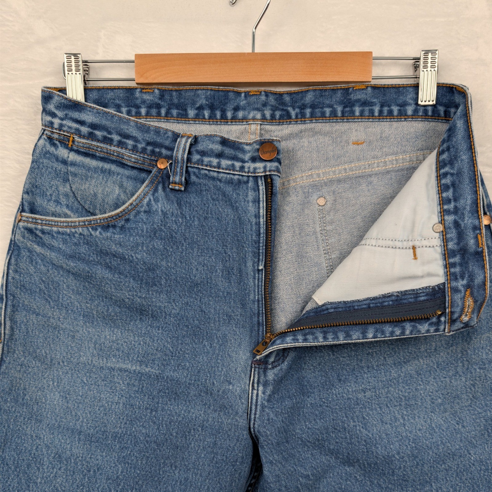 VTG Wrangler Jeans Men 34×30 Blue Broken Twill Denim Straight Leg Leather 90s