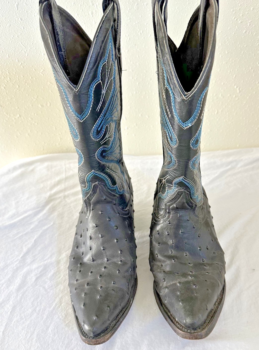 John Davis Cowboy Boots Black Ostrich Embossed Blue Butterfly Stitching W 9 M 7