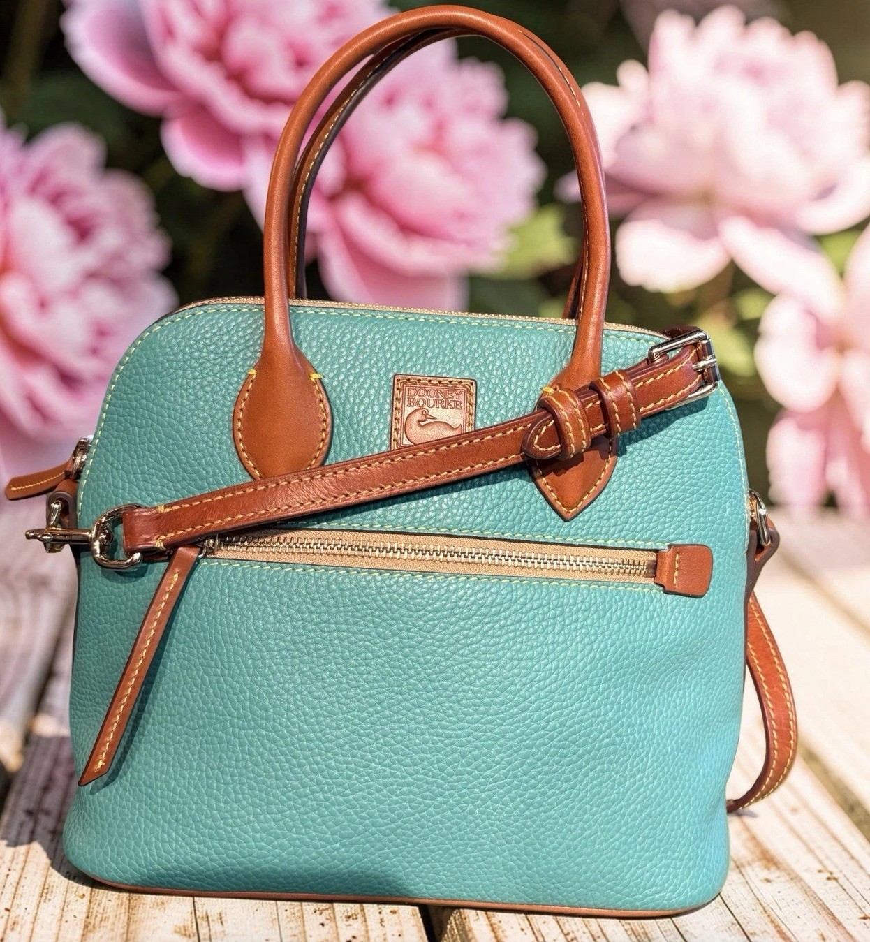 Dooney Bourke Spearmint Turquoise Green Domed Satchel Bag Pebbled Leather Purse