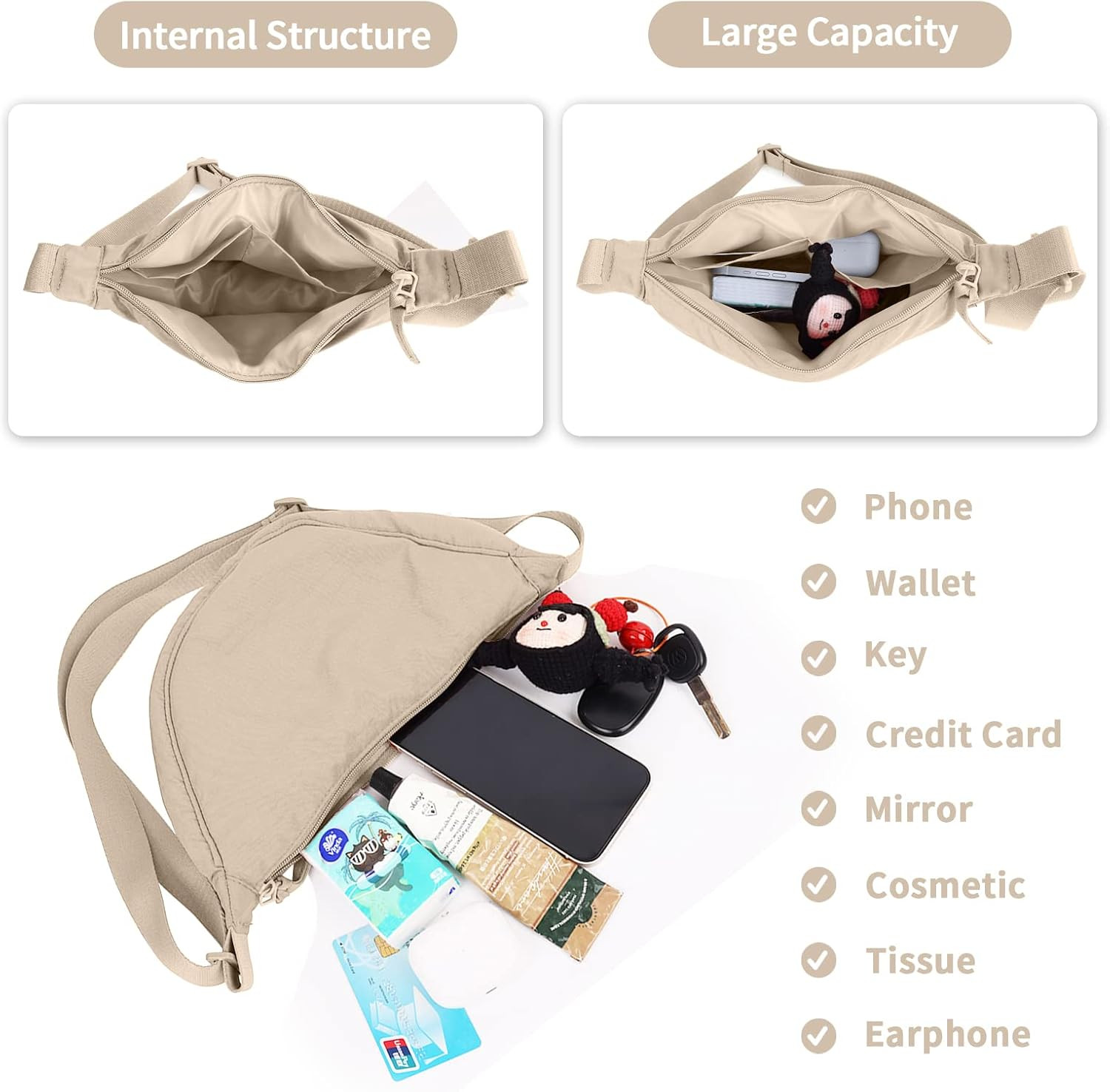 Nylon Crescent Crossbody Bag for Women Purses Trendy Men,Small Travel Sling Bag