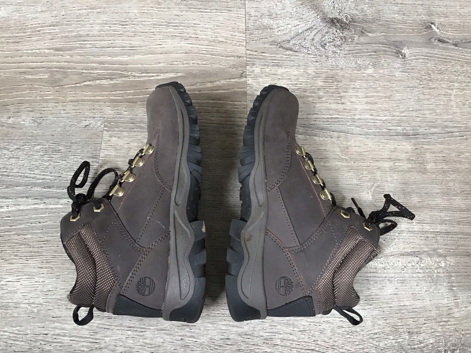 Timberland Hiking Boots Boys Size 3 Brown Leather Lace Up Rugged A1UUD
