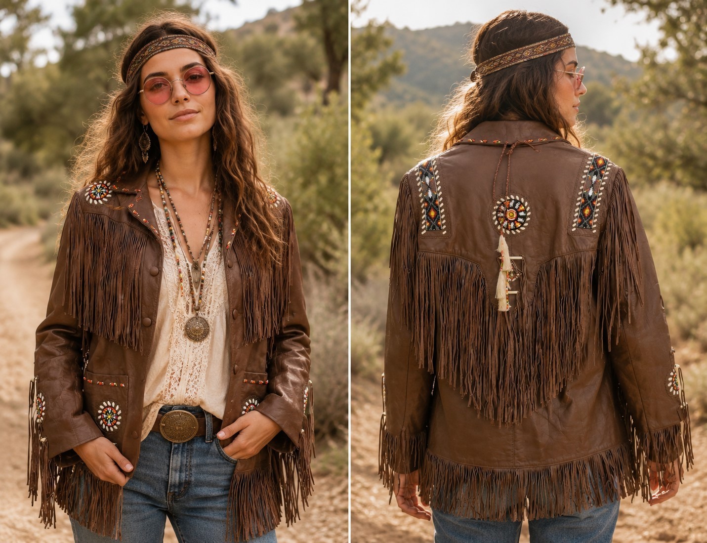 Vintage 70s Lariat Leather Fringe Jacket Beaded Western Cowboy Hippie Ranch USA