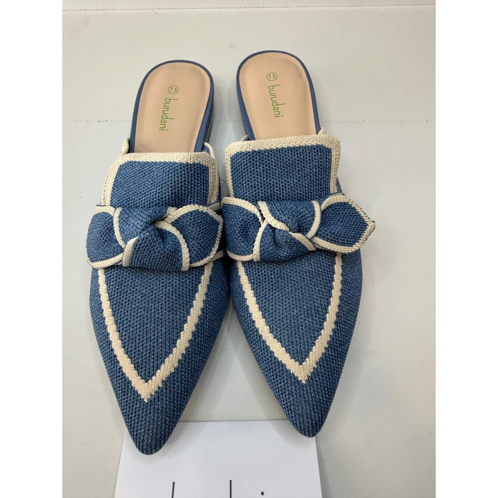 Burudani Blue Knit Pointed Toe Bow Mules Womens 7.5 SBDML2304W Flat Shoes New
