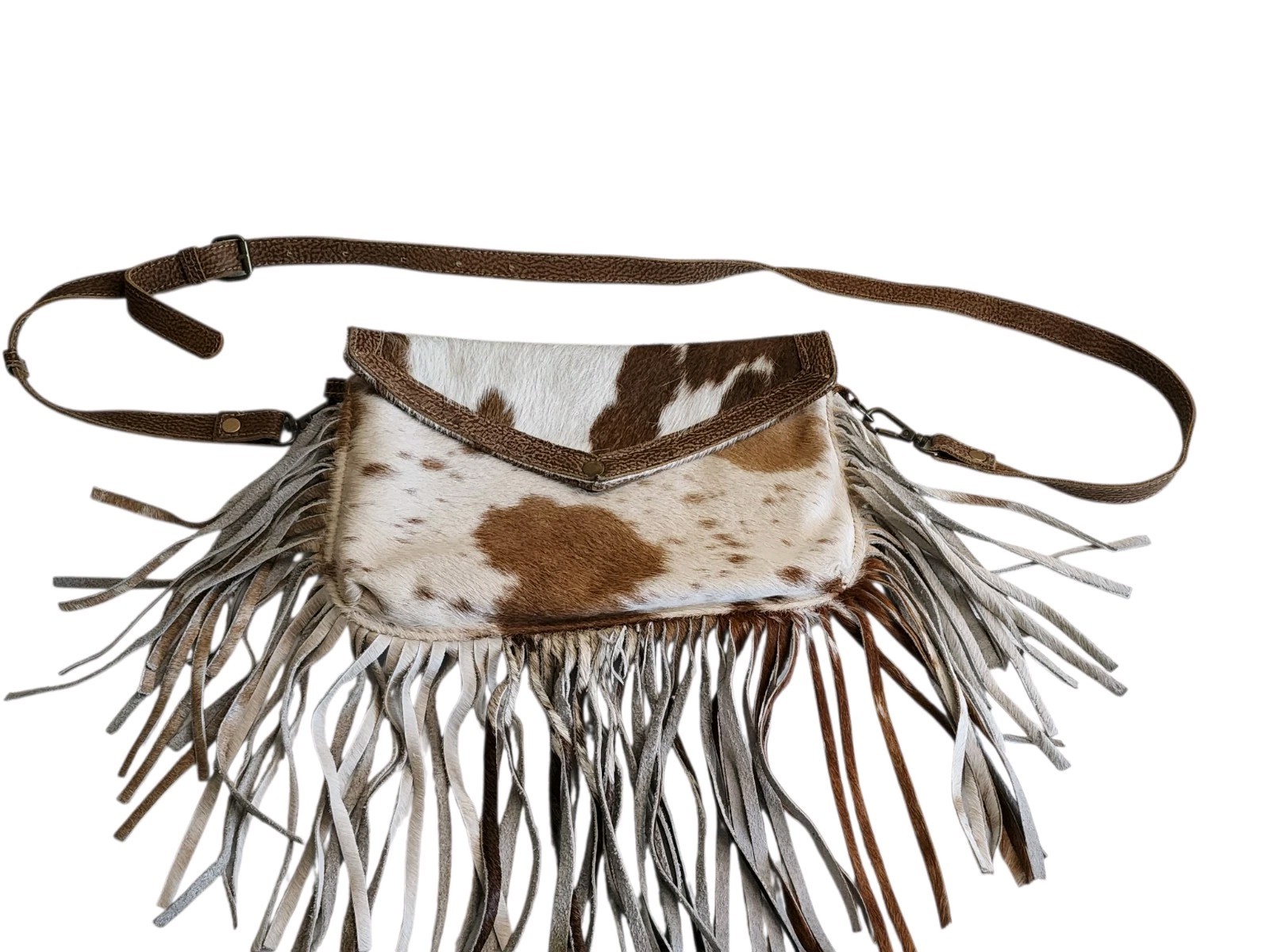 Myra Western Fringe Cowhide Animal Print Shoulder Bag Brown White