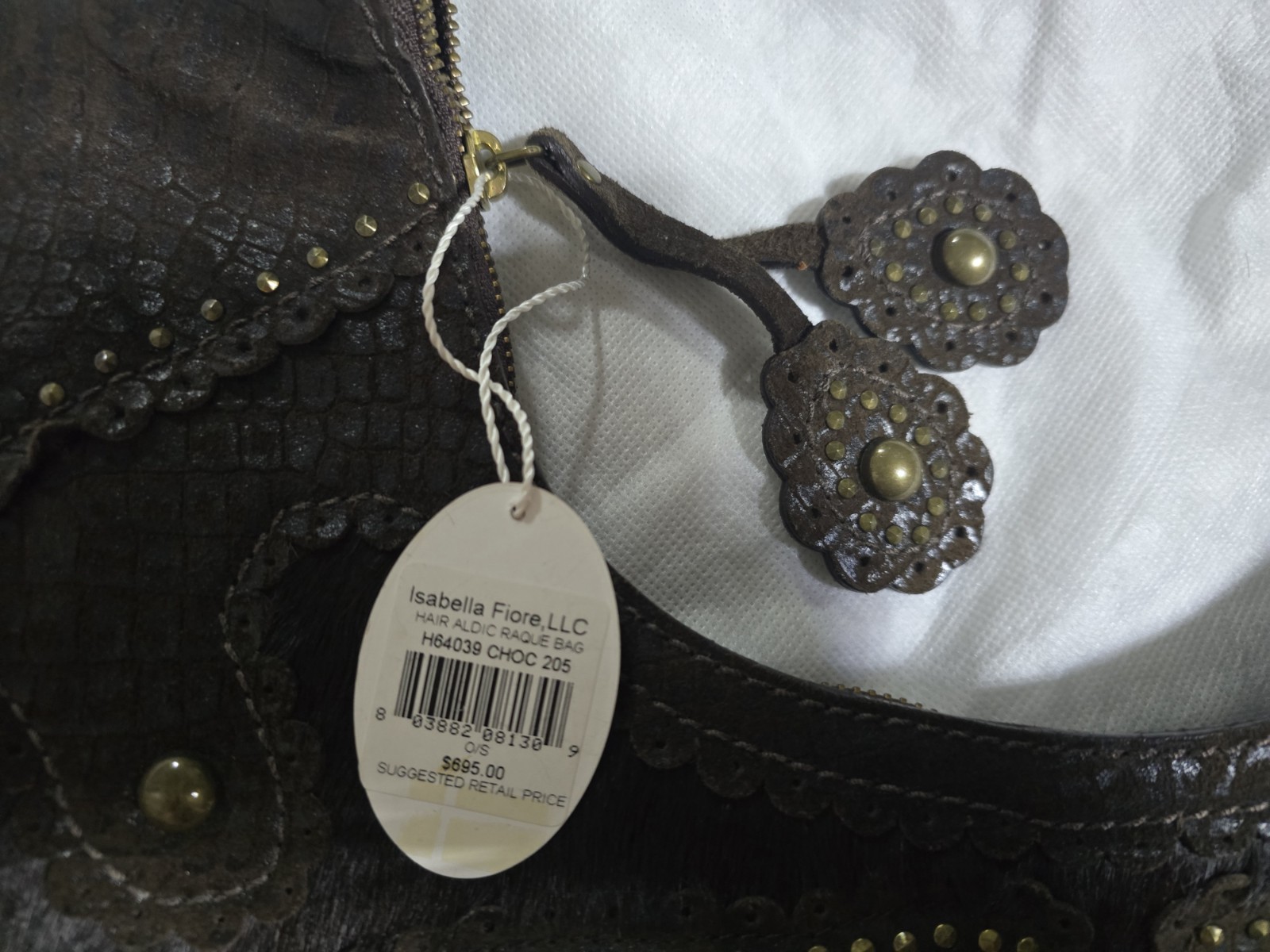 Isabella Fiore NWT, Brown Leather/Calf Hair Studded Hobo Bag, Aldic Ging RARE