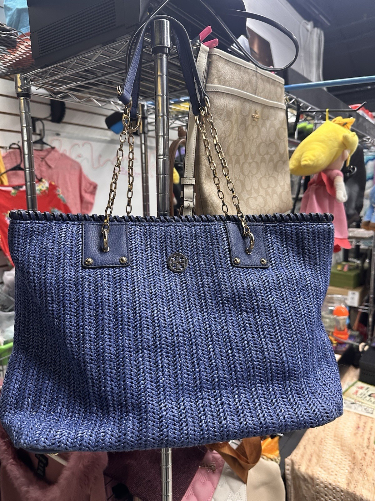Tory Burch Vintage Woven Basket Bag Large Tote Chain Shoulder Used From Japan