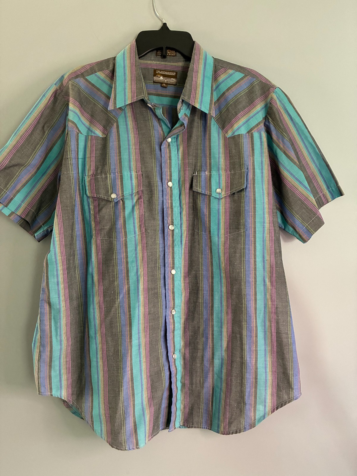 Plainsman Extra Long Tails Shirt Mens XL 17-17 1/2 Pearl Snap Stripe Western SS