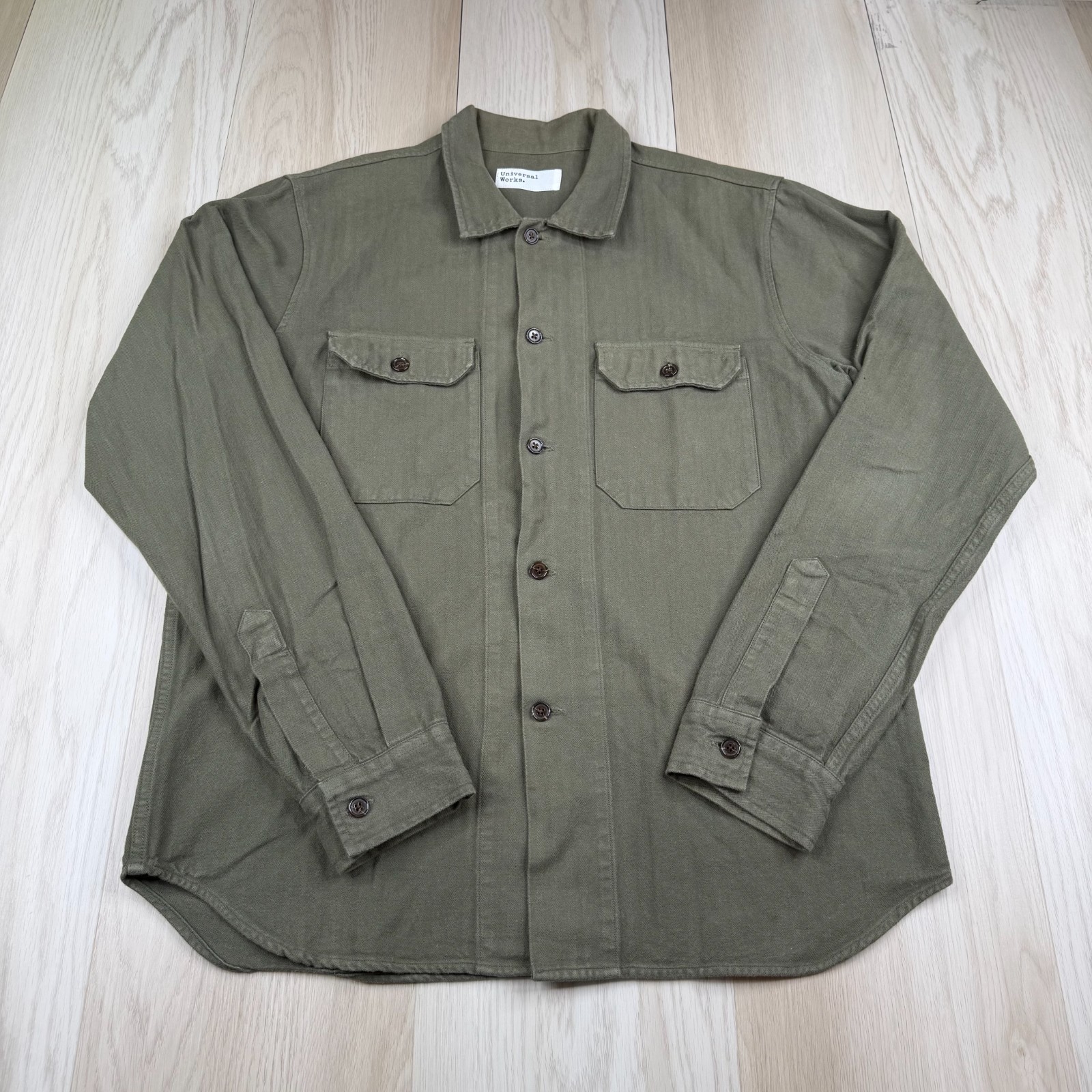 Universal Works Mens Green Utility Pockets Workwear Button Up Shirt Size L