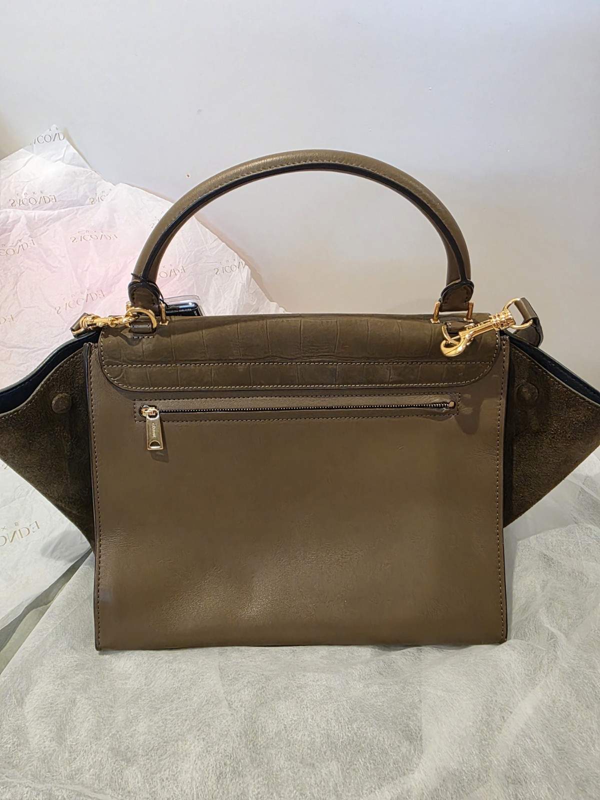 Auth CELINE Croc Leather Suede Trapeze Bag Olive Khaki Top Handle Pristine