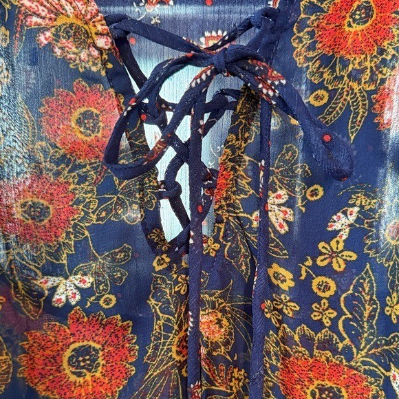 Fig and Flower Navy Blue Floral Lace Up Open Back Sheer Chiffon Boho Blouse M