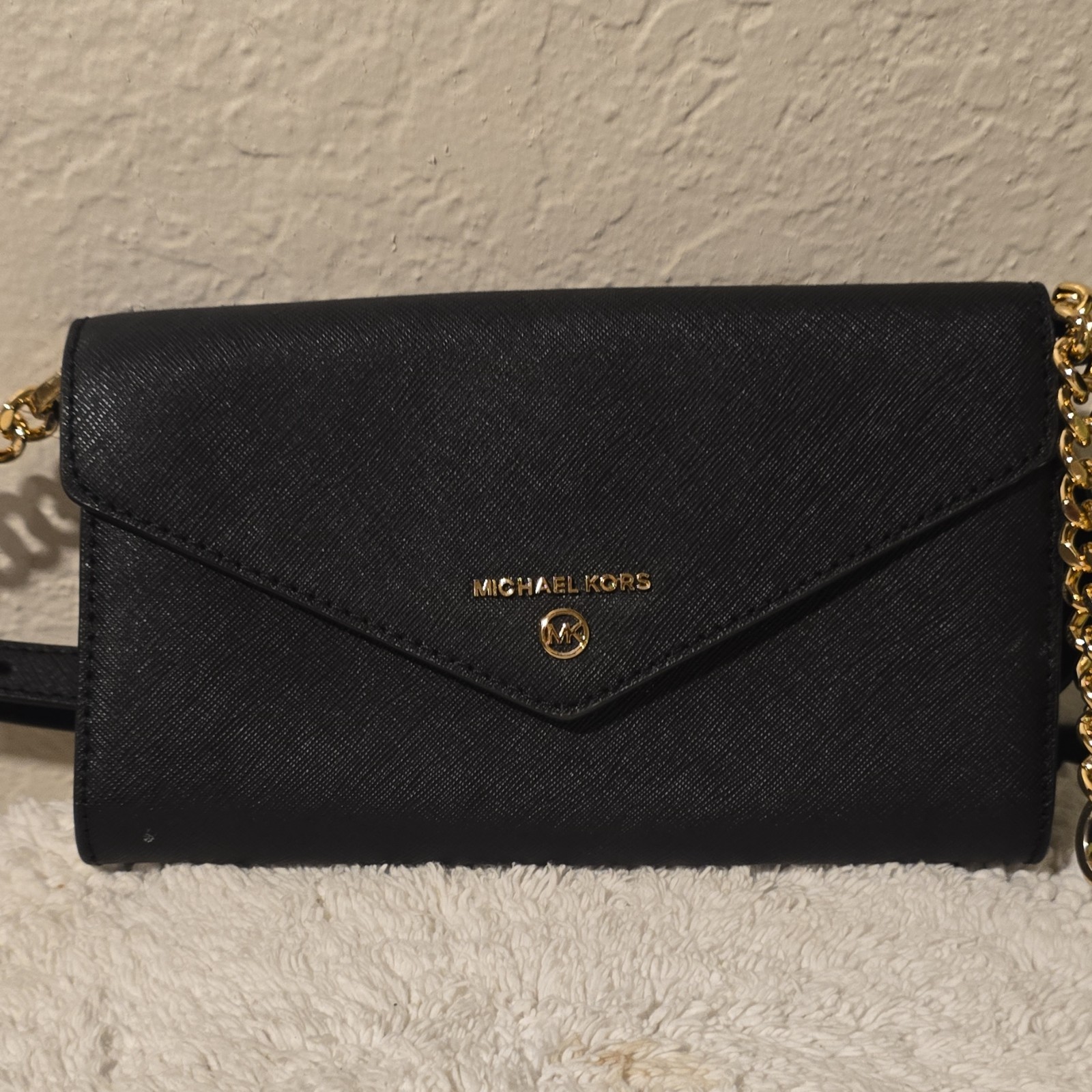 Michael Kors Black Saffiano Leather Wallet On Chain Crossbody Purse Gold Tone