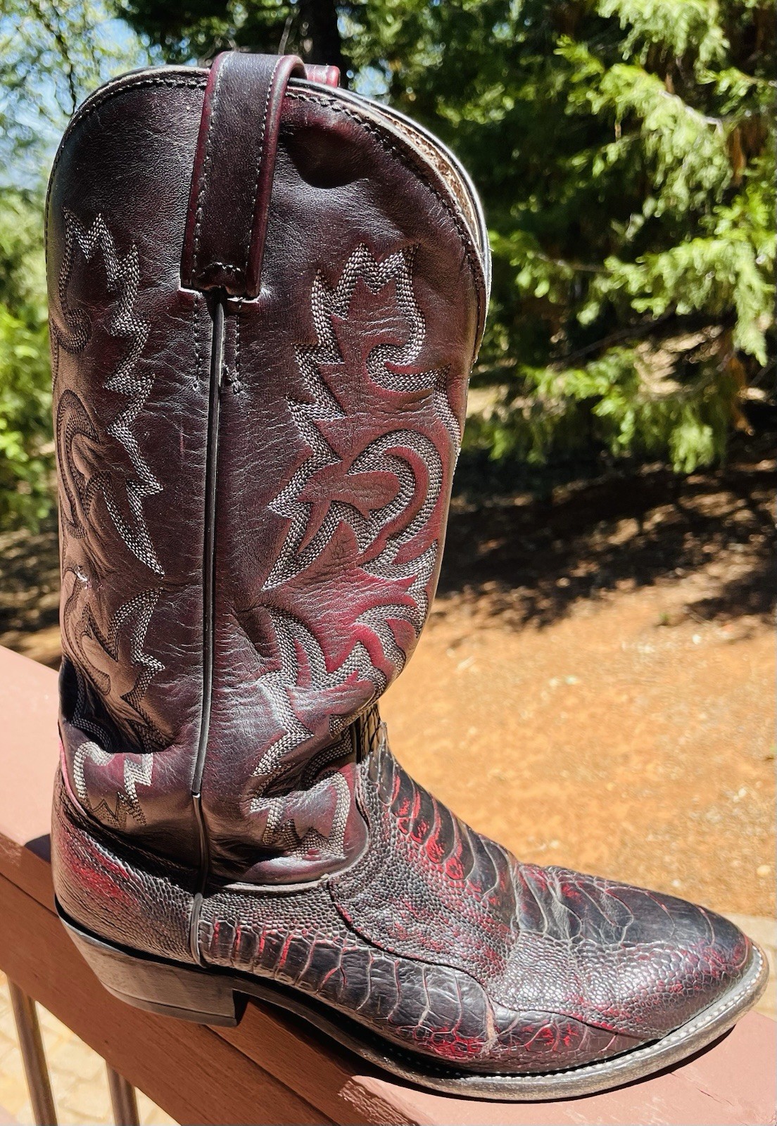 J.Chisholm Vintage Ostrich & Leather Cowboy Boots Black Cherry, 10.5 D, USA Made