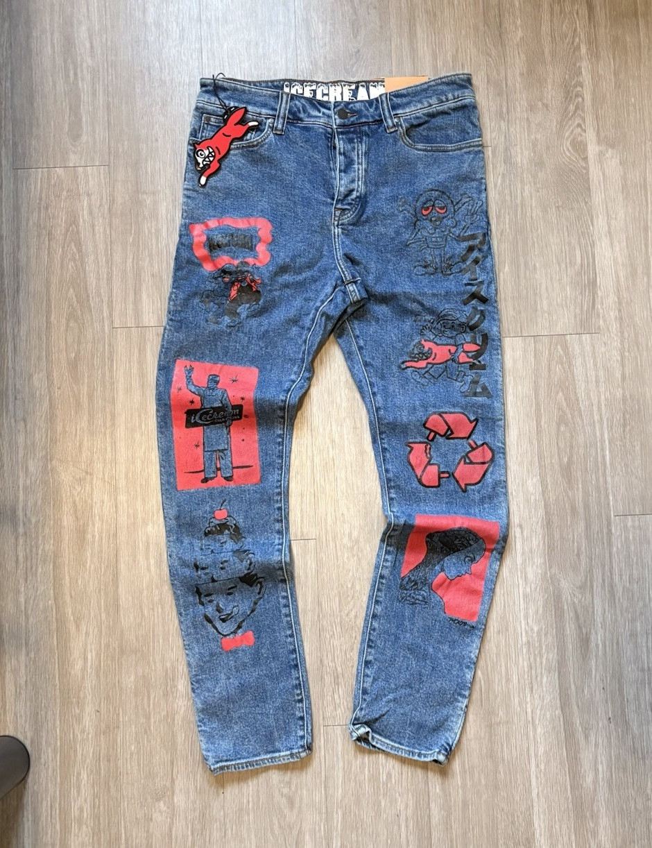 ICECREAM Men’s Skinny Slim Fit Graphic Print Denim Jeans Mid Rise, Button