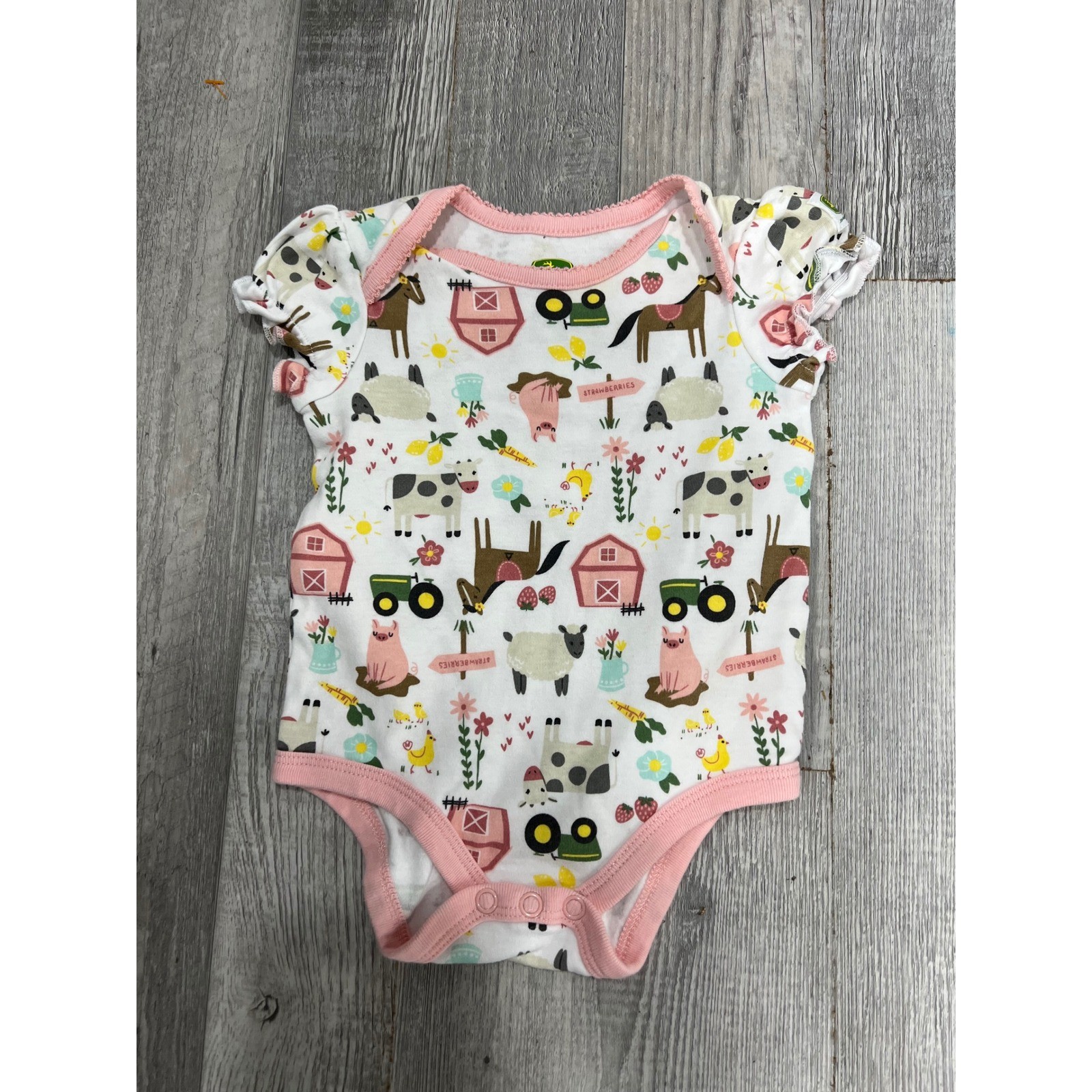 John Deere Baby Girl Farm Print Bodysuit Pink Scalloped Trim 3-6 Months
