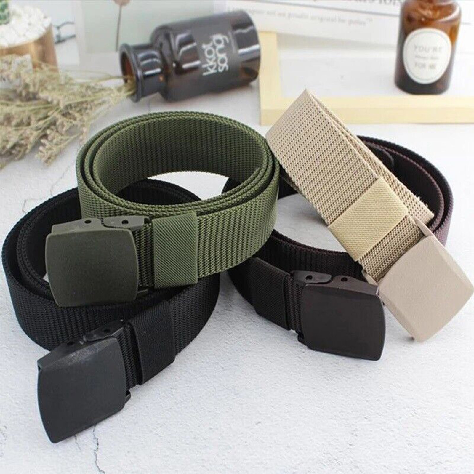 Mens Unisex Canvas Webbing Belt Regular Size Military Style Tactical Buckle Belt