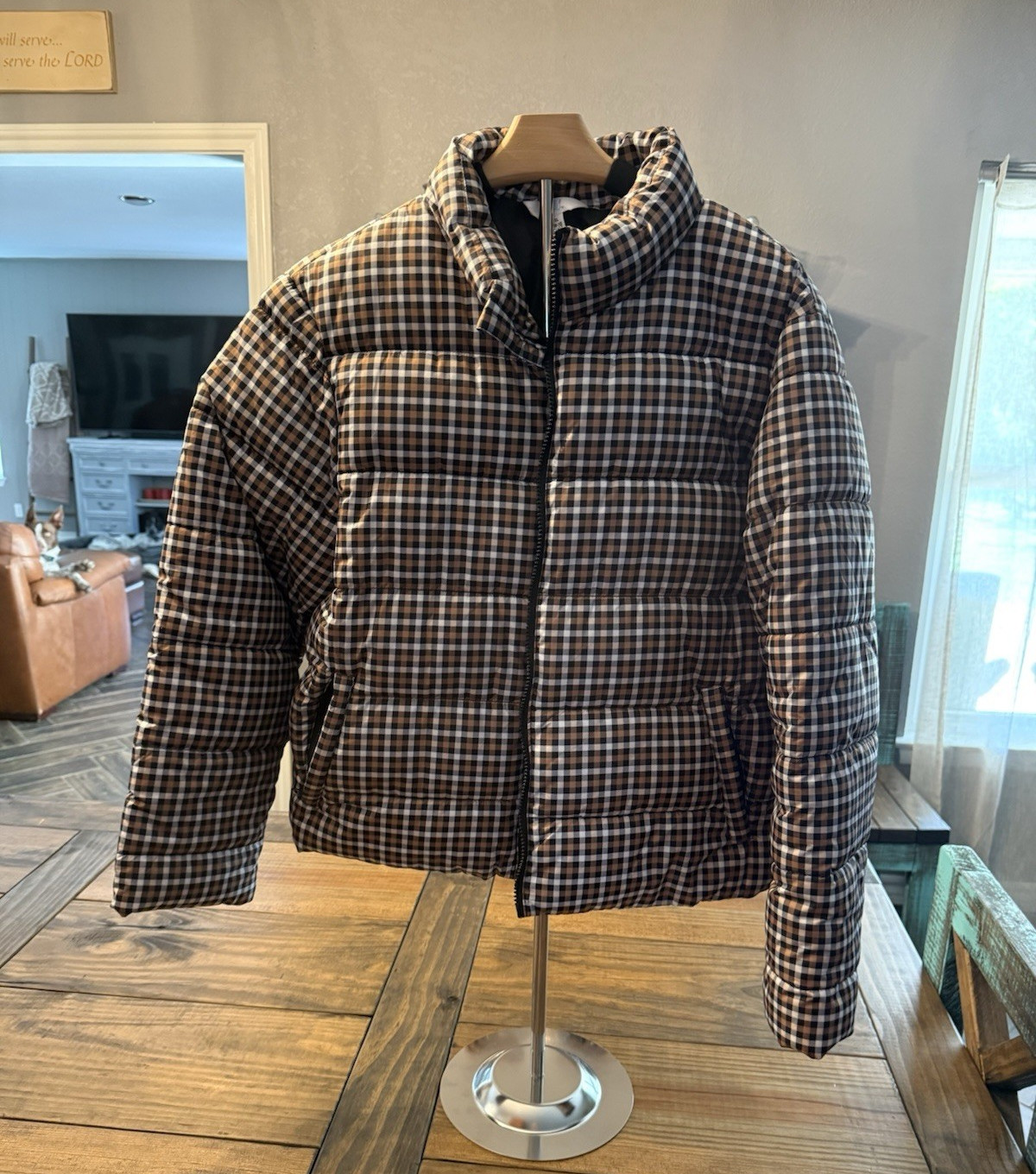 Time And Tru Women’s Quilted Check Puffer Jacket Brown/Black/White Zip XL