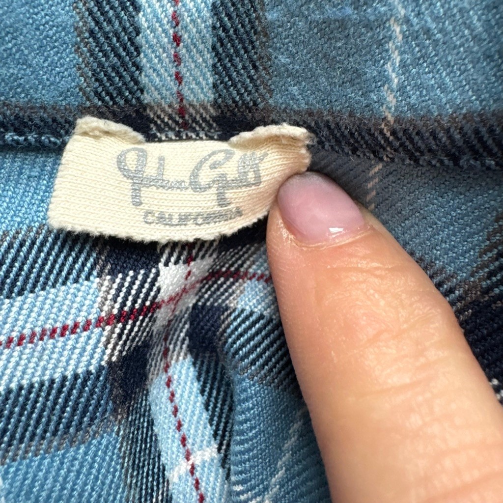 J.Galt Blue Plaid Crop Button-Up Top | Notch Collar & Short Sleeve | Size Small