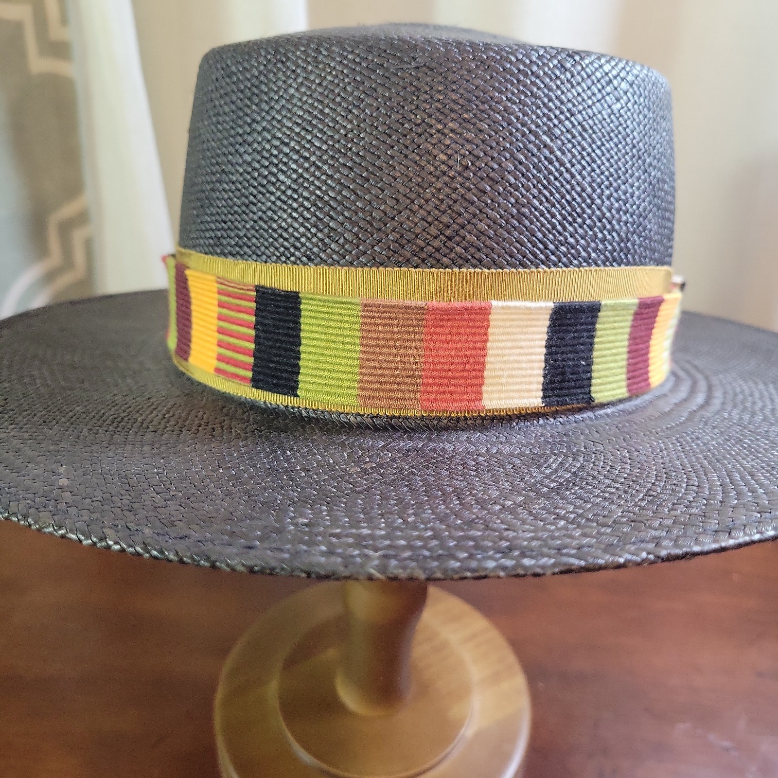 Goorin Bros Charcoal Flat Brim Panama Fedora Hat Toquilla Straw Boater 23″ 7 3/8