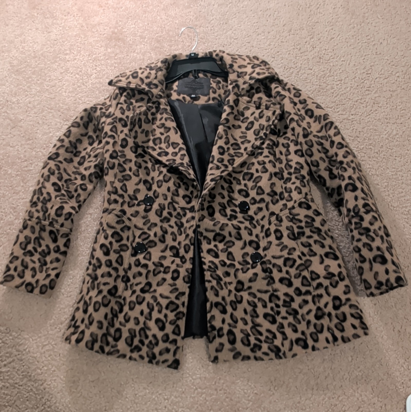 Joujou Women’s M Leopard Animal Print Pea Coat Brown/Black Lined Button