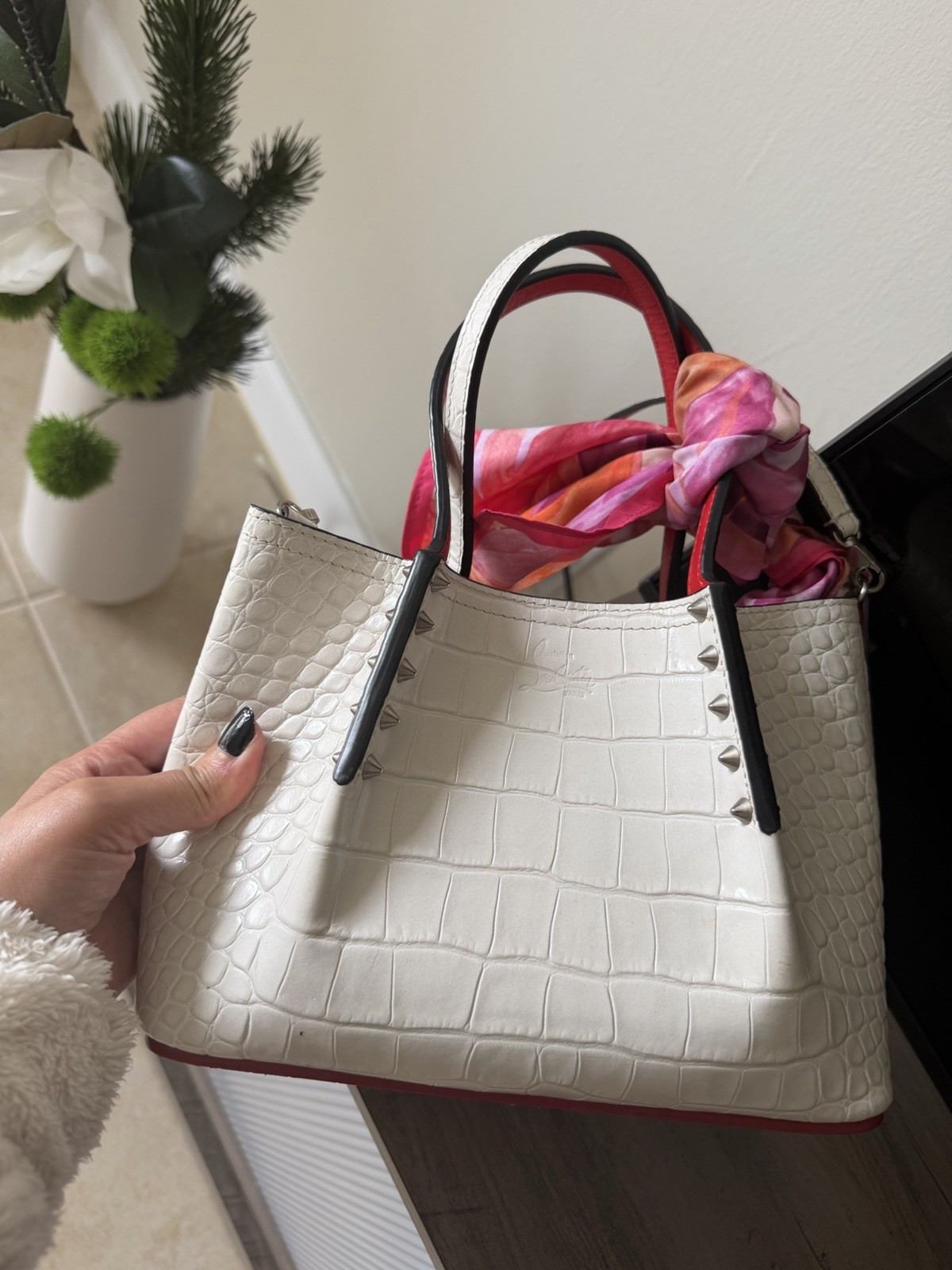 Christian Louboutin White Croc Embossed Paloma Satchel Top Handle w/ Strap Red