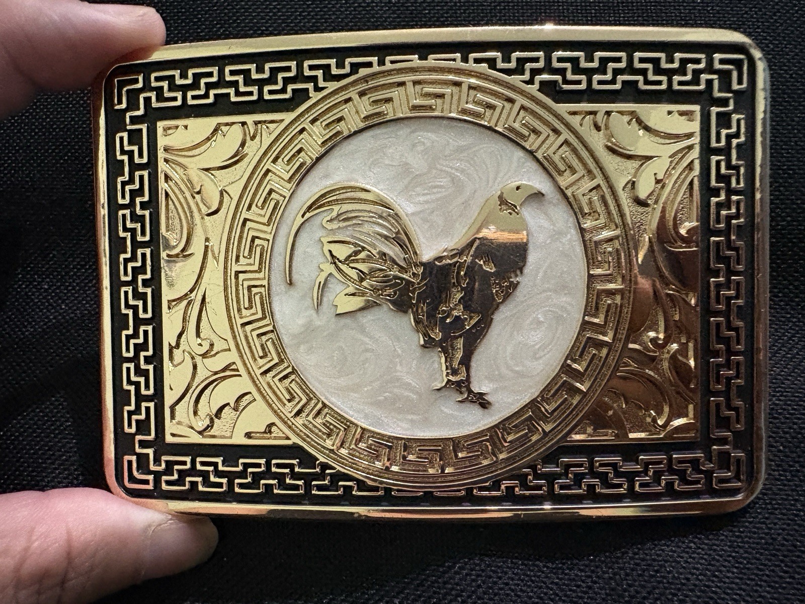 Western Rooster Rectangular Belt Buckle Gold/Black Metal Fits 1.5in Belt