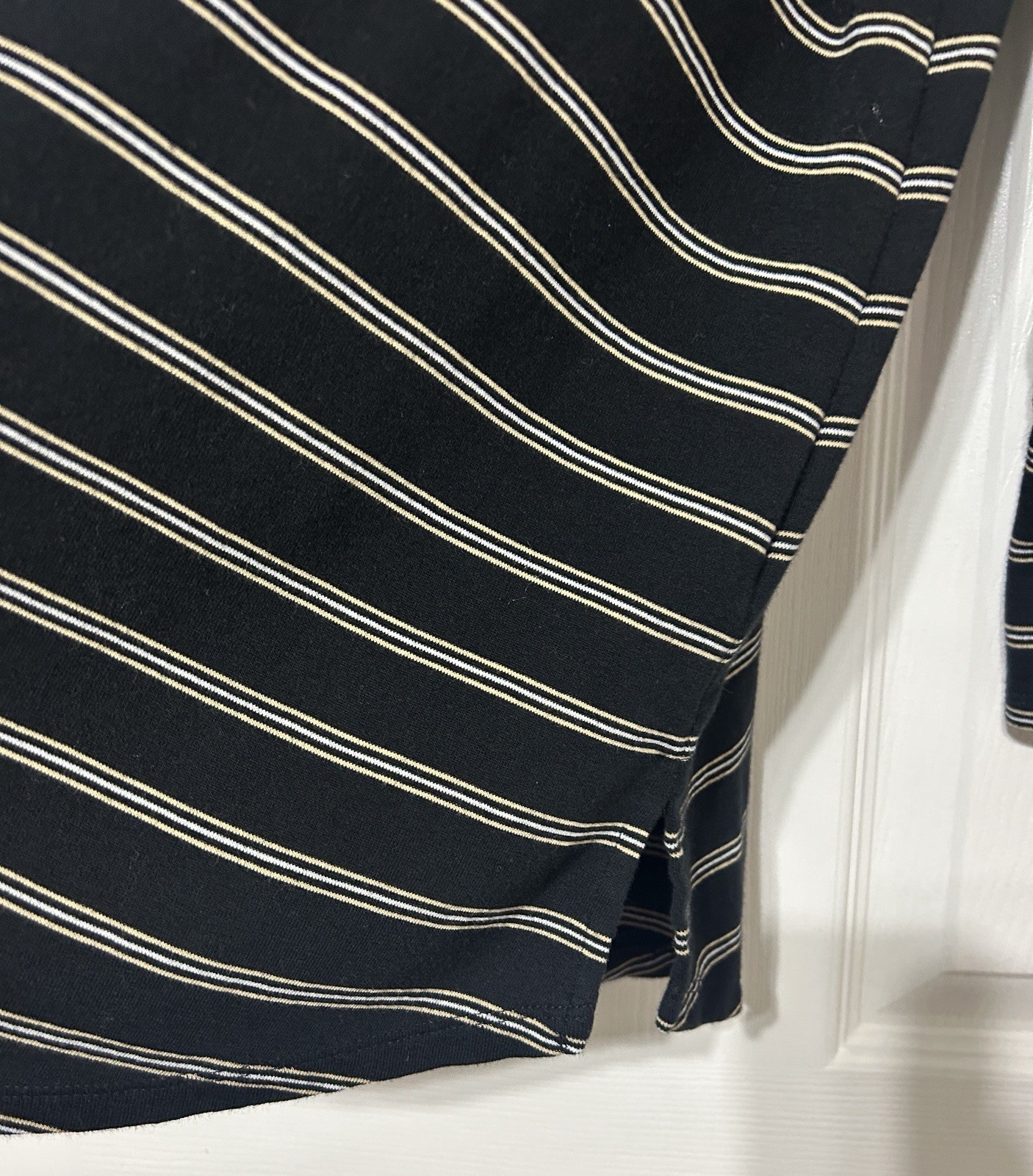 J.Jill Pima Tie -Sleeve Tee Top Black Stripe 3/4 Sleeves Pima Cotton Size M