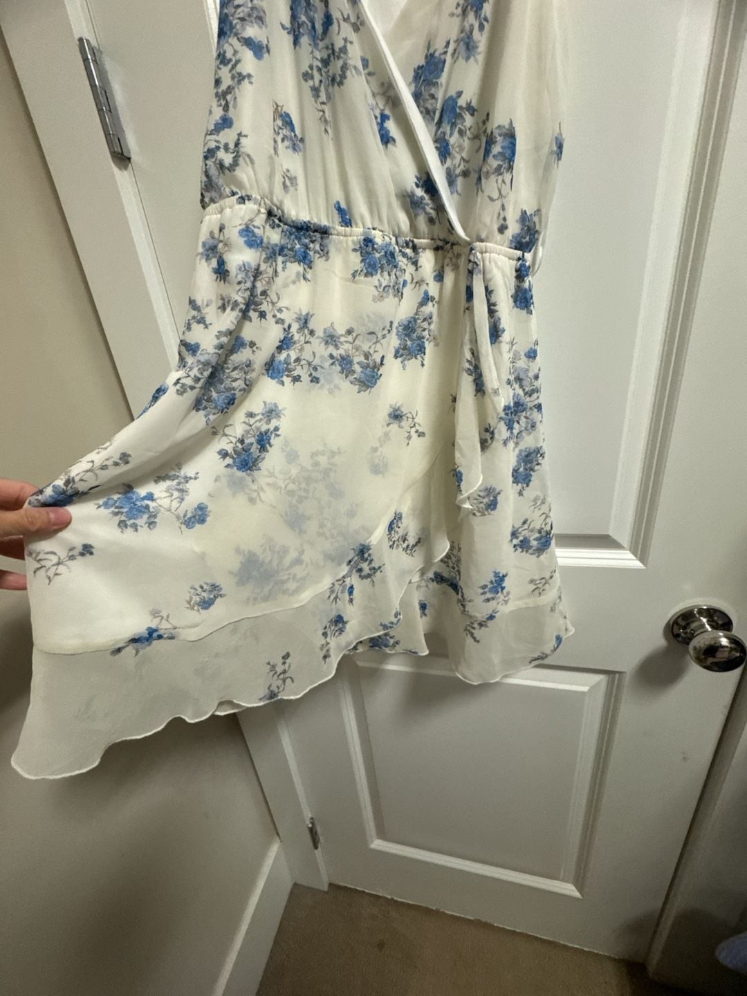 Altar’d State White and Blue Floral Chiffon Ruffle Mini Dress