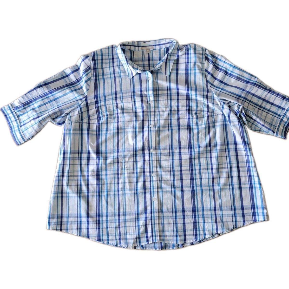 Woman Within Women’s Plus 4X Plaid Button-Up Collared 3/4 Sleeve Blue/White