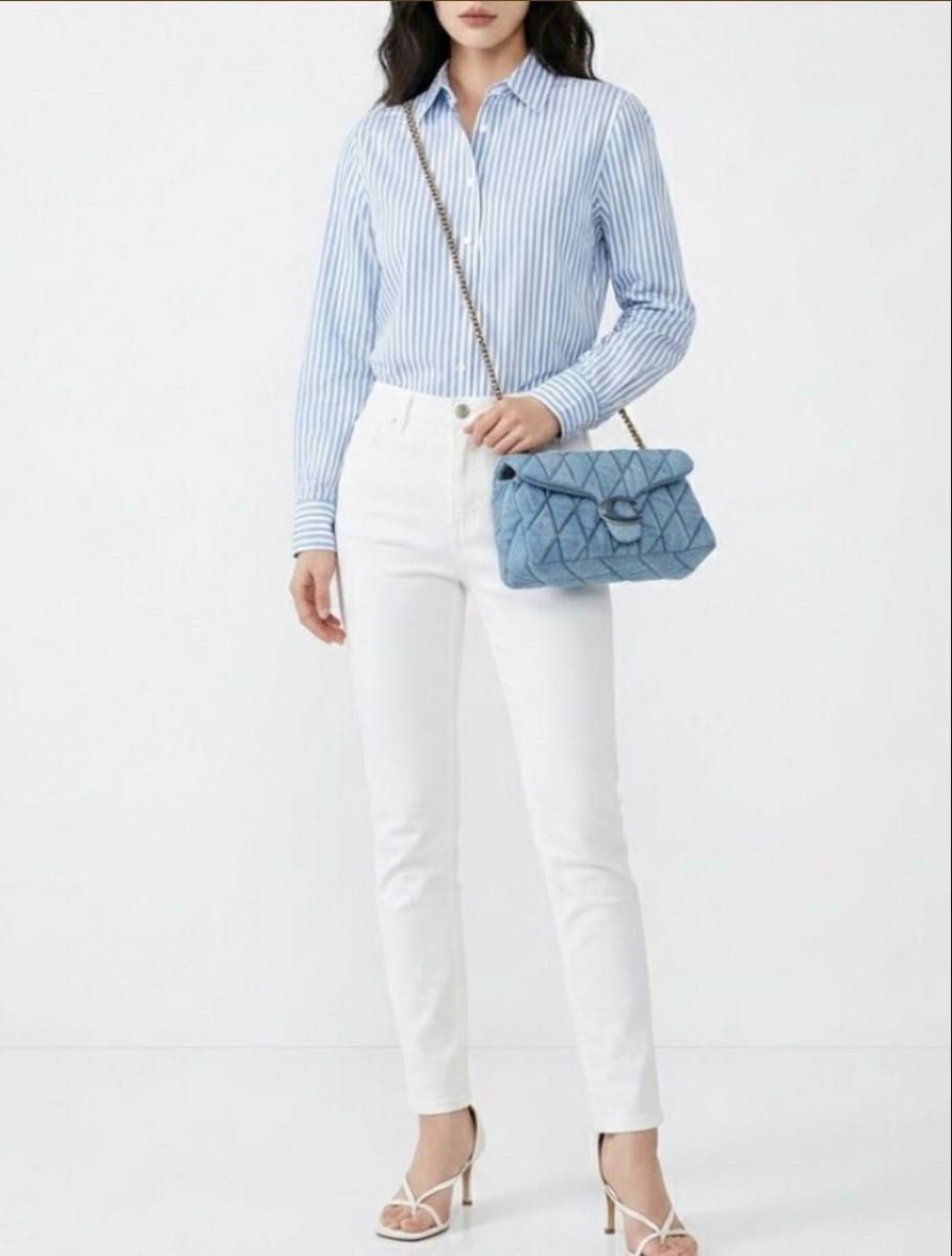 COACH Tabby Shoulder Bag Quilted Denim Leather Chain Strap 2-Way Blue 14x26x8cm